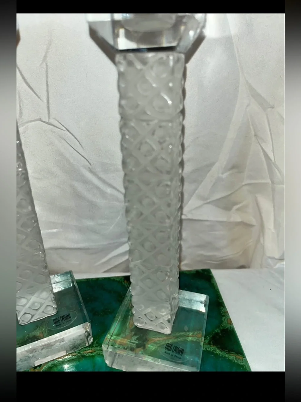 Vintage Oleg Cassini Frosted Crystal Lattice Column Candle Holders -10 inch